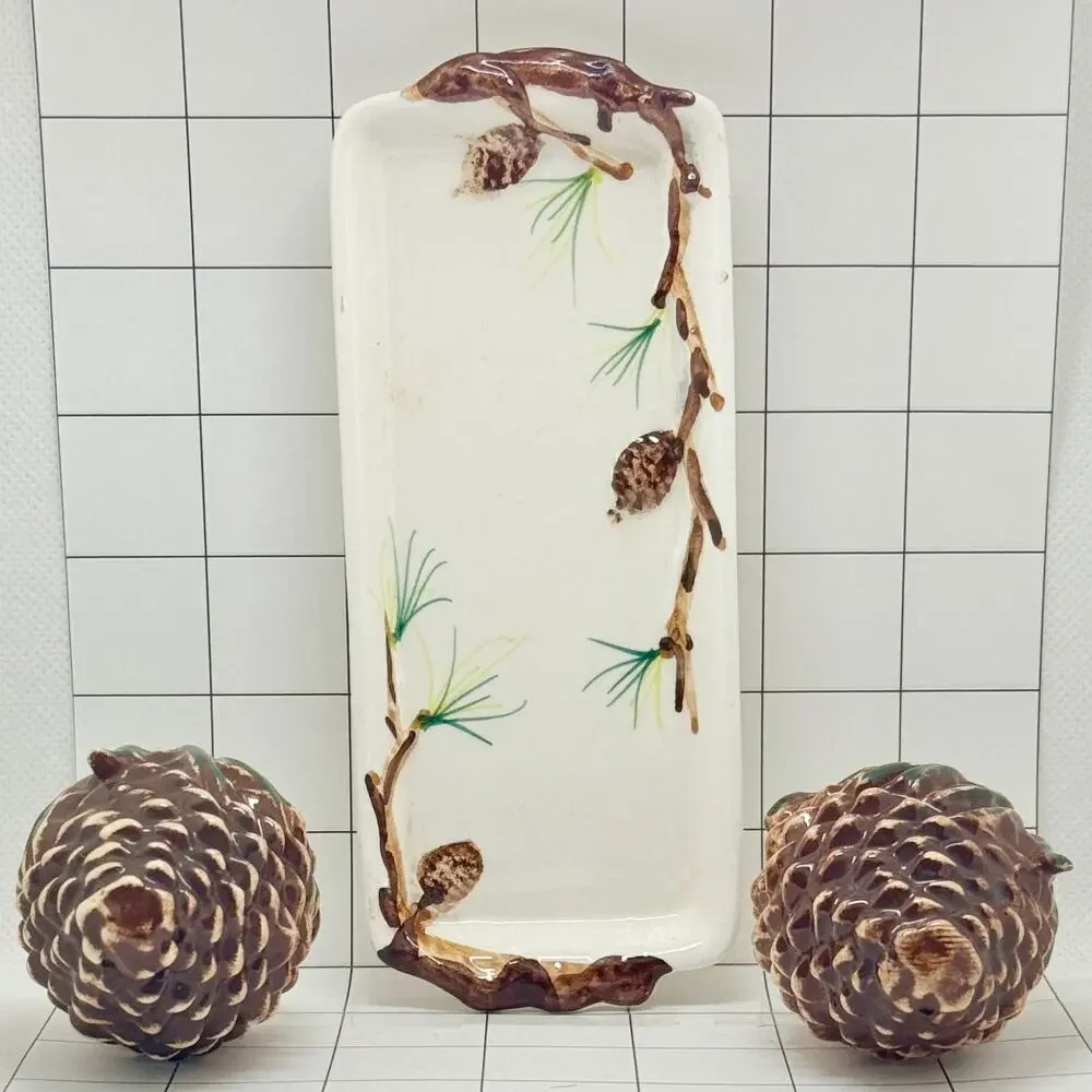 1950s Park Smith Pinecone Salt Pepper Shakers Tray 3-Piece Japan Vintage